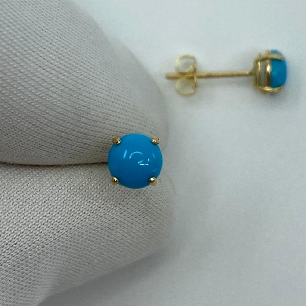 Blue Turquoise Yellow Gold Earring Studs.

Beautiful 5mm matching pair of turquoise stones with excellent colour, clarity and round cabochon cut.

Set in lightweight 9k yellow gold suds with butterfly backs.

Perfect matching pair.

Brand new and