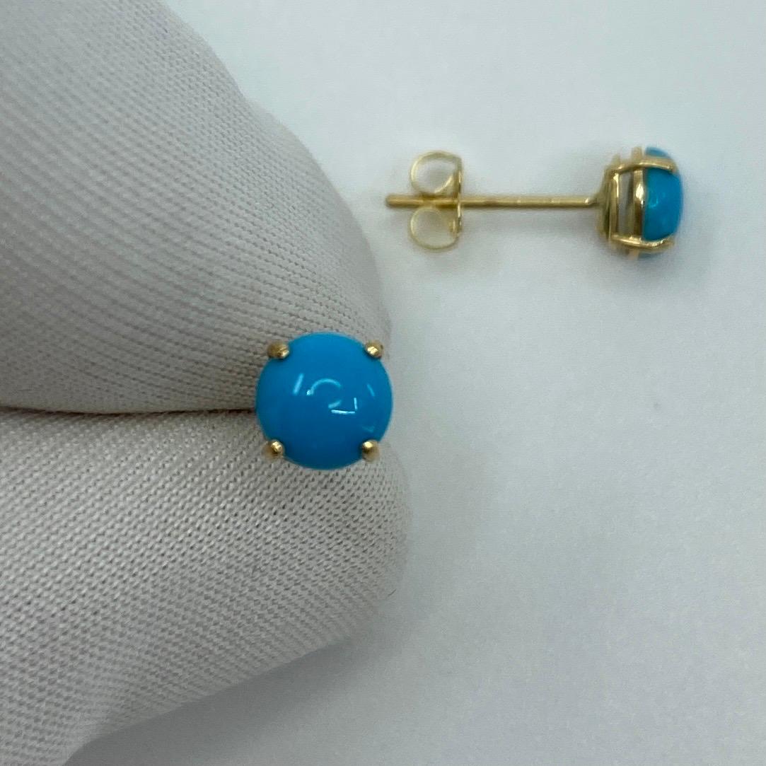 Natural Blue Turquoise Round Cabochon 9 Karat Yellow Gold Earring Studs In New Condition For Sale In Birmingham, GB