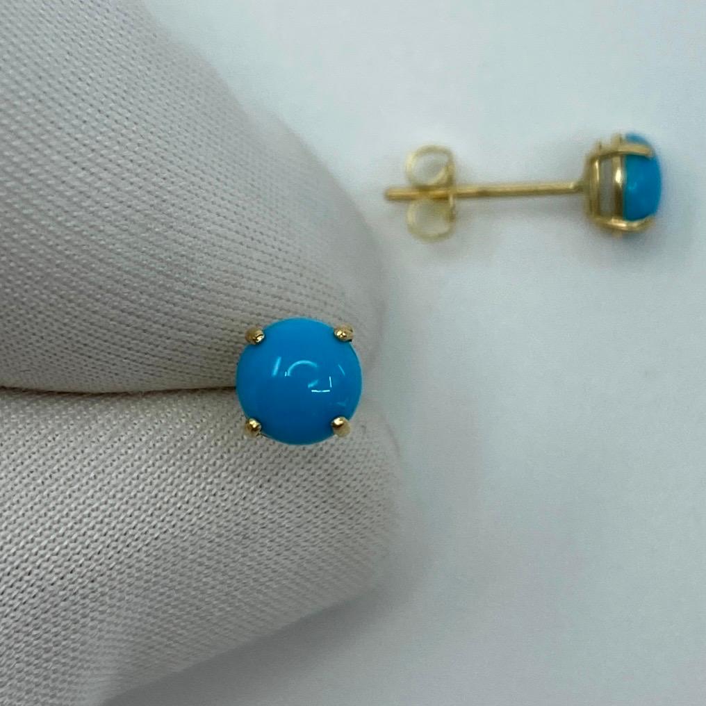 Women's or Men's Natural Blue Turquoise Round Cabochon 9 Karat Yellow Gold Earring Studs For Sale