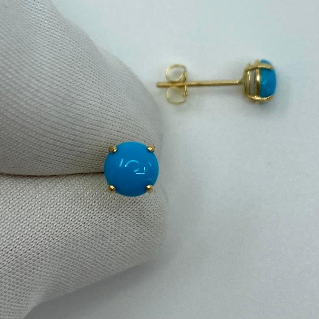 Clous d'oreilles en or jaune 9 carats avec turquoise bleue naturelle cabochon ronde en vente 1