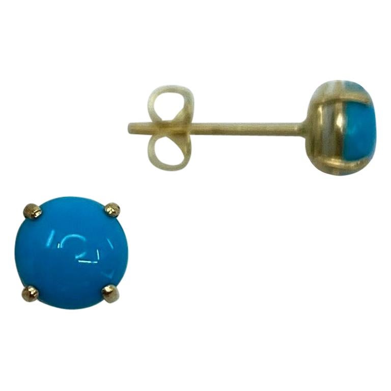 Clous d'oreilles en or jaune 9 carats avec turquoise bleue naturelle cabochon ronde en vente