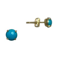 Natural Blue Turquoise Yellow Gold 9 Karat Round Cabochon Cut Earring Studs