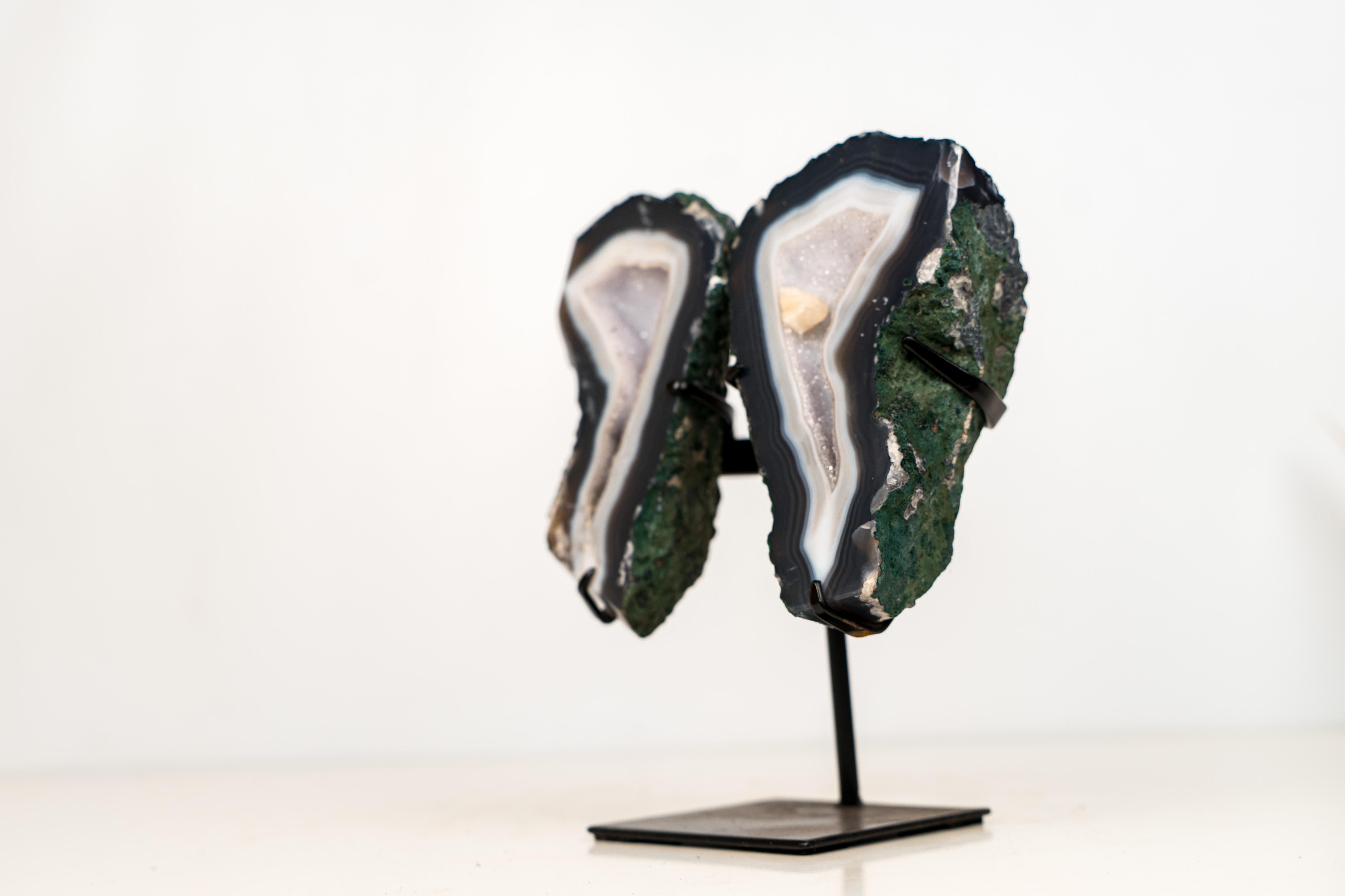 Natural Blue & White Lace Agate Geode Wings with White Galaxy Druzy in vendita 4