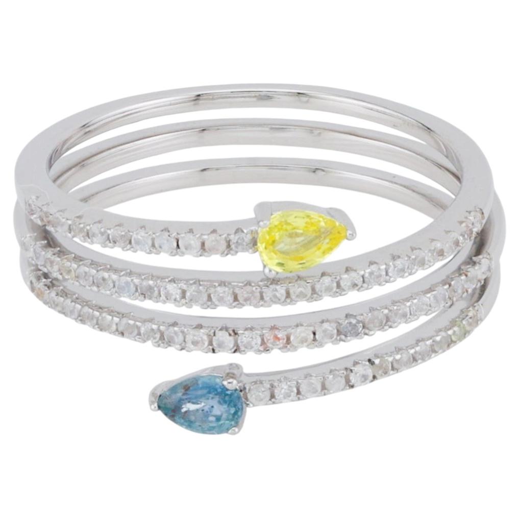 Natural blue yellow white sapphire silver ring For Sale