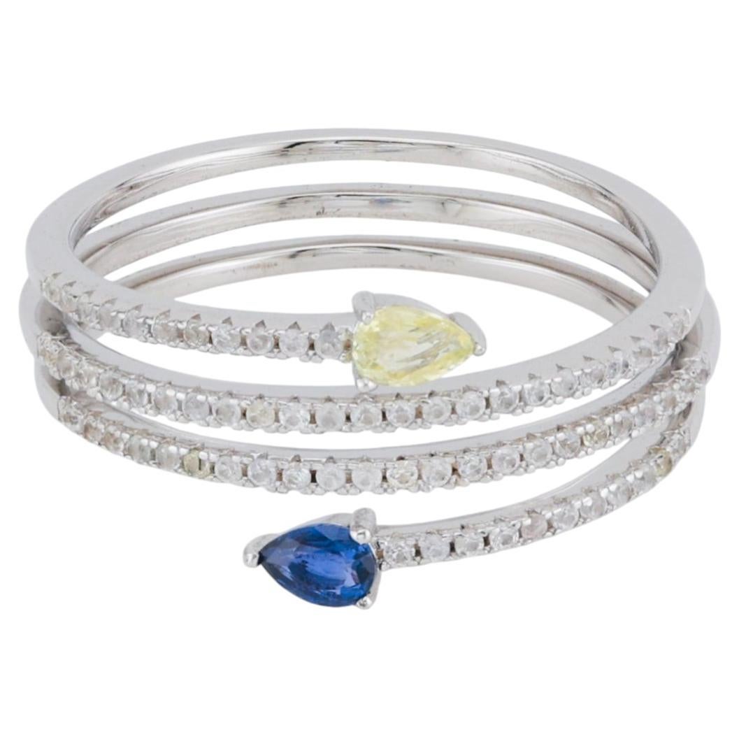 Natural blue yellow white sapphire silver ring