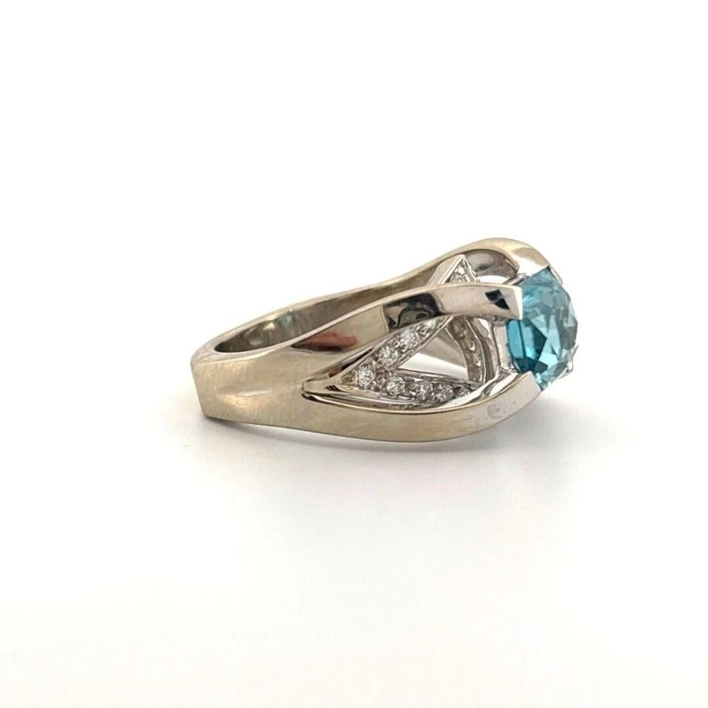 Women's Natural Blue Zircon 3.35CT 14K White Gold 9.84 Grams Diamond Handmade Ring For Sale