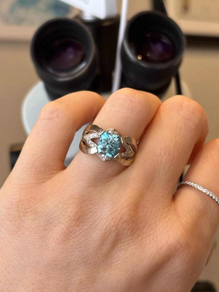 Natural Blue Zircon 3.35CT 14K White Gold 9.84 Grams Diamond Handmade Ring For Sale 1