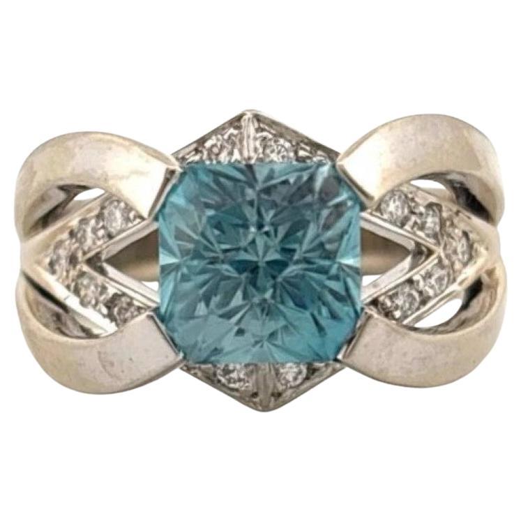Natural Blue Zircon 3.35CT 14K White Gold 9.84 Grams Diamond Handmade Ring For Sale