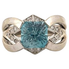 Natural Blue Zircon 3.35CT 14K White Gold 9.84 Grams Diamond Handmade Ring