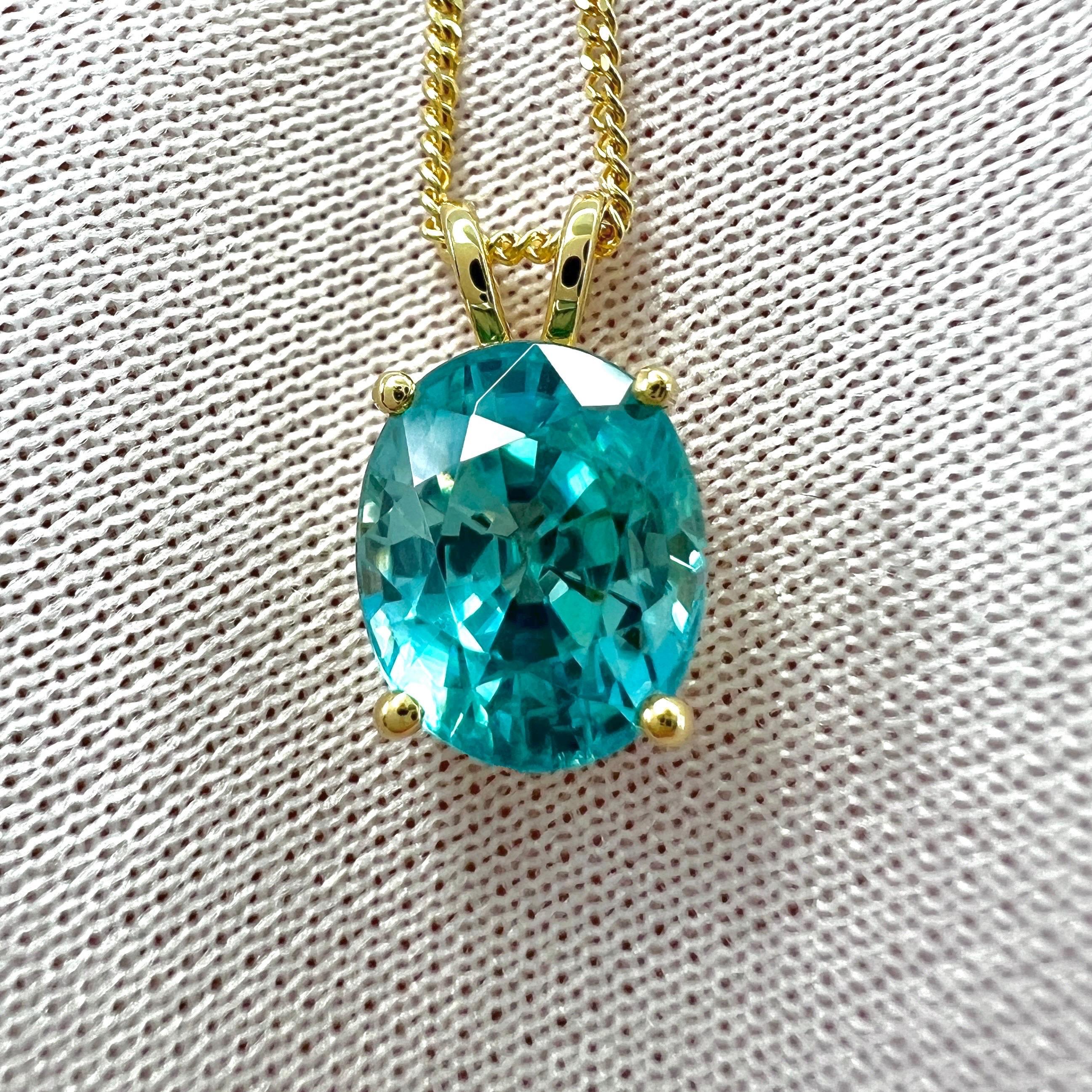 Natural Blue Zircon 3.78ct Oval Cut 18k Yellow Gold Pendant Necklace For Sale 1