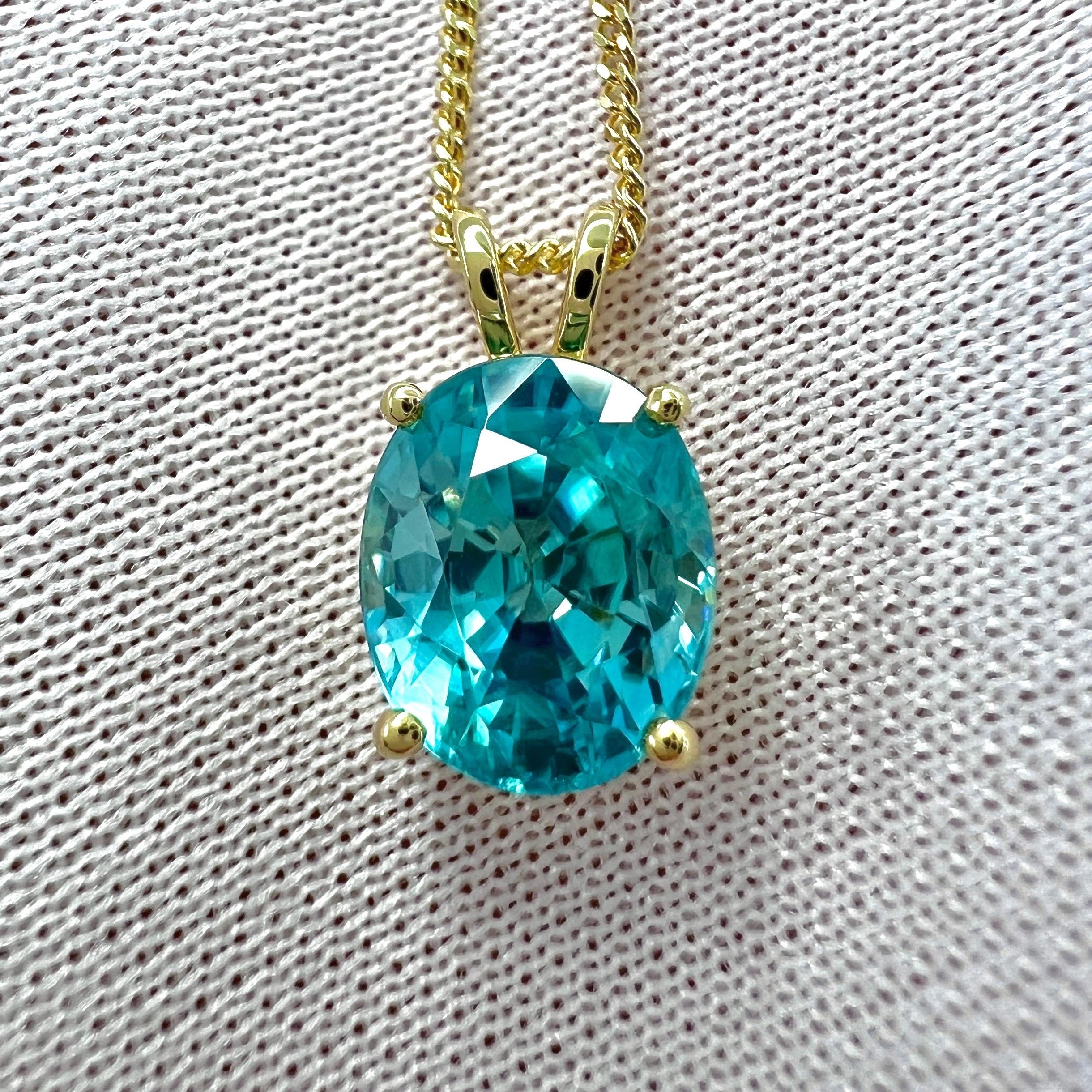 Natural Blue Zircon 3.78ct Oval Cut 18k Yellow Gold Pendant Necklace For Sale 2