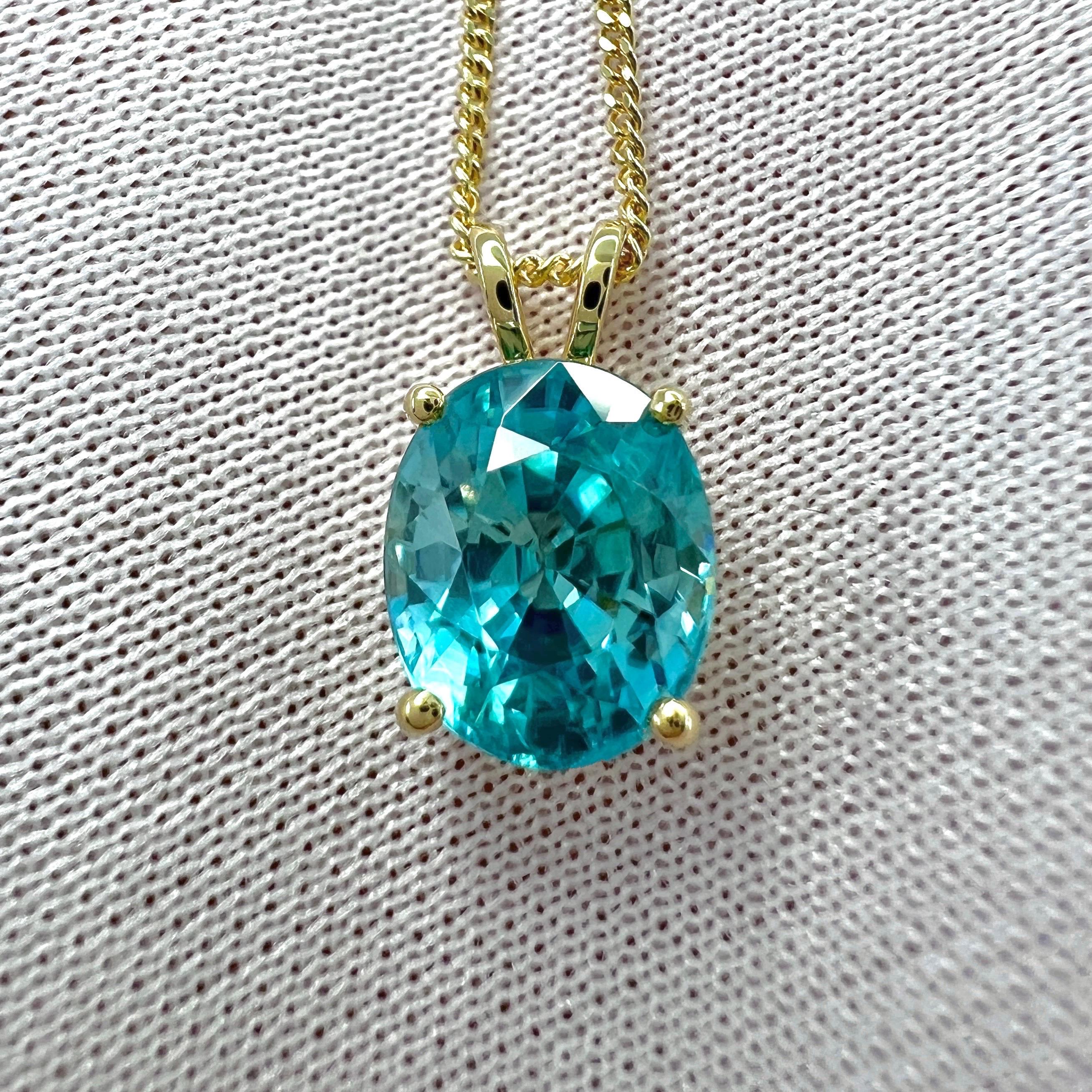 Natural Blue Zircon 3.78ct Oval Cut 18k Yellow Gold Pendant Necklace For Sale 3