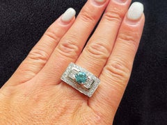 Natural Blue Zircon and Diamond Rectangular Ring in Platinum