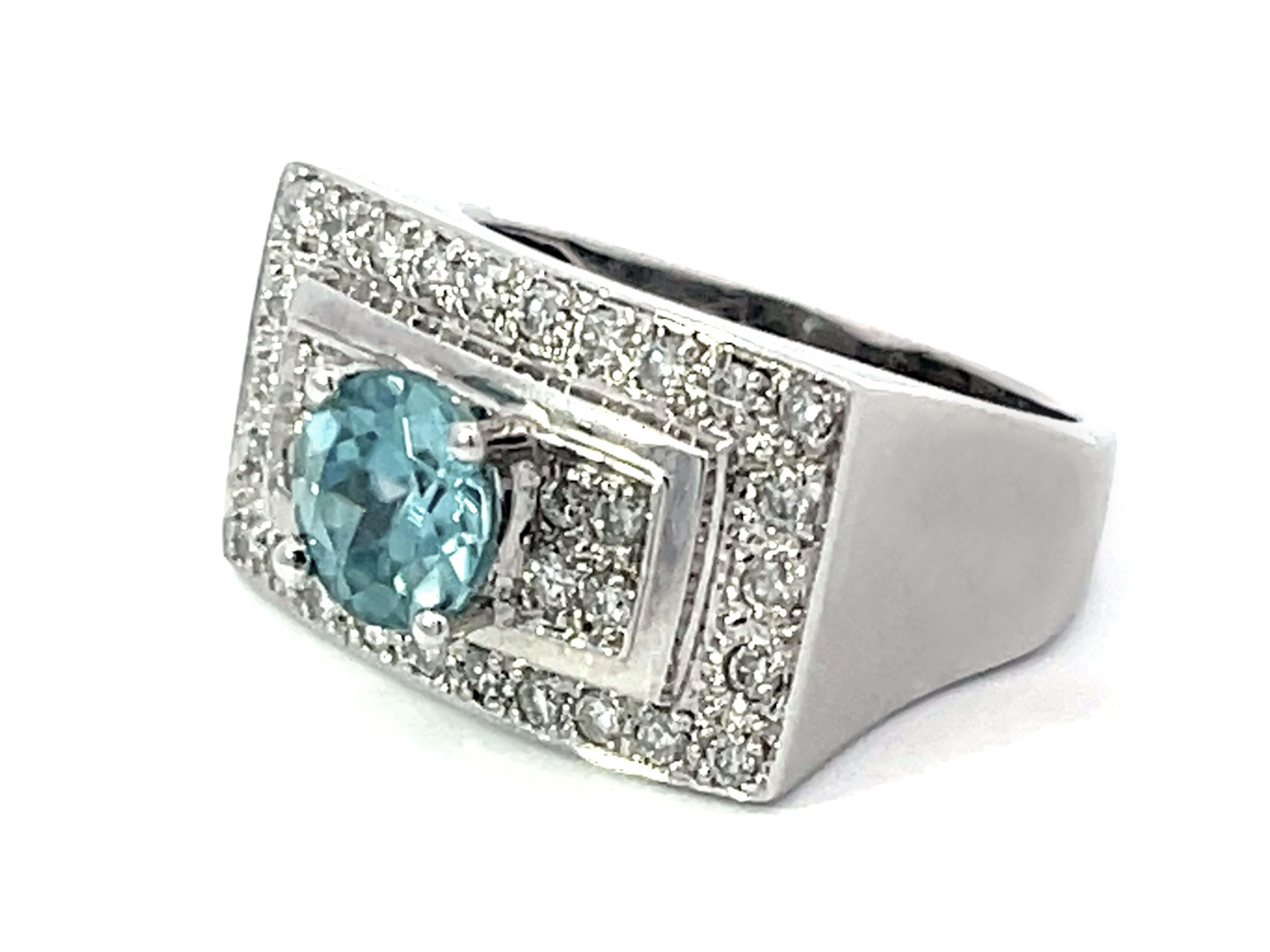 Brilliant Cut Natural Blue Zircon and Diamond Rectangular Ring in Platinum  For Sale