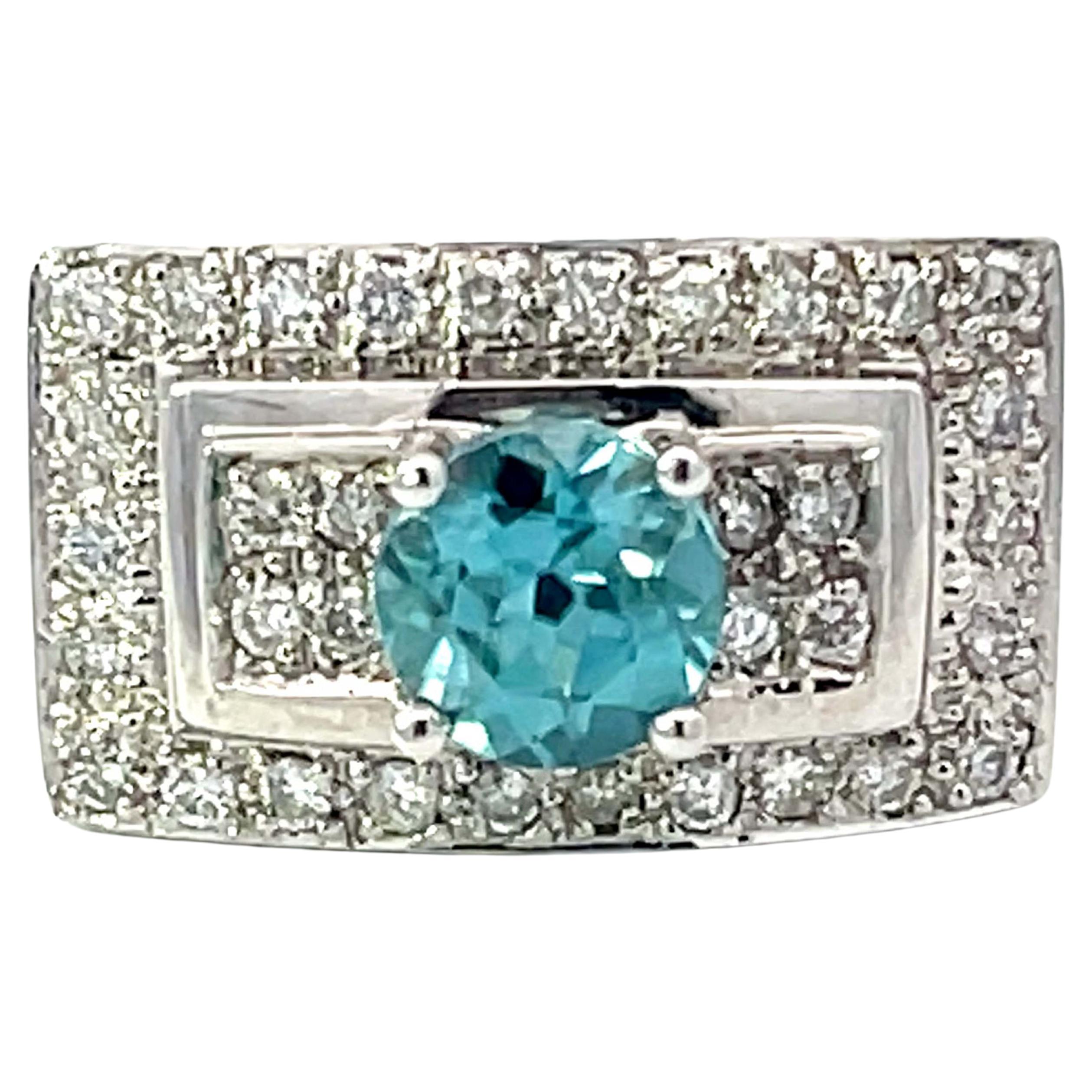 Natural Blue Zircon and Diamond Rectangular Ring in Platinum  For Sale