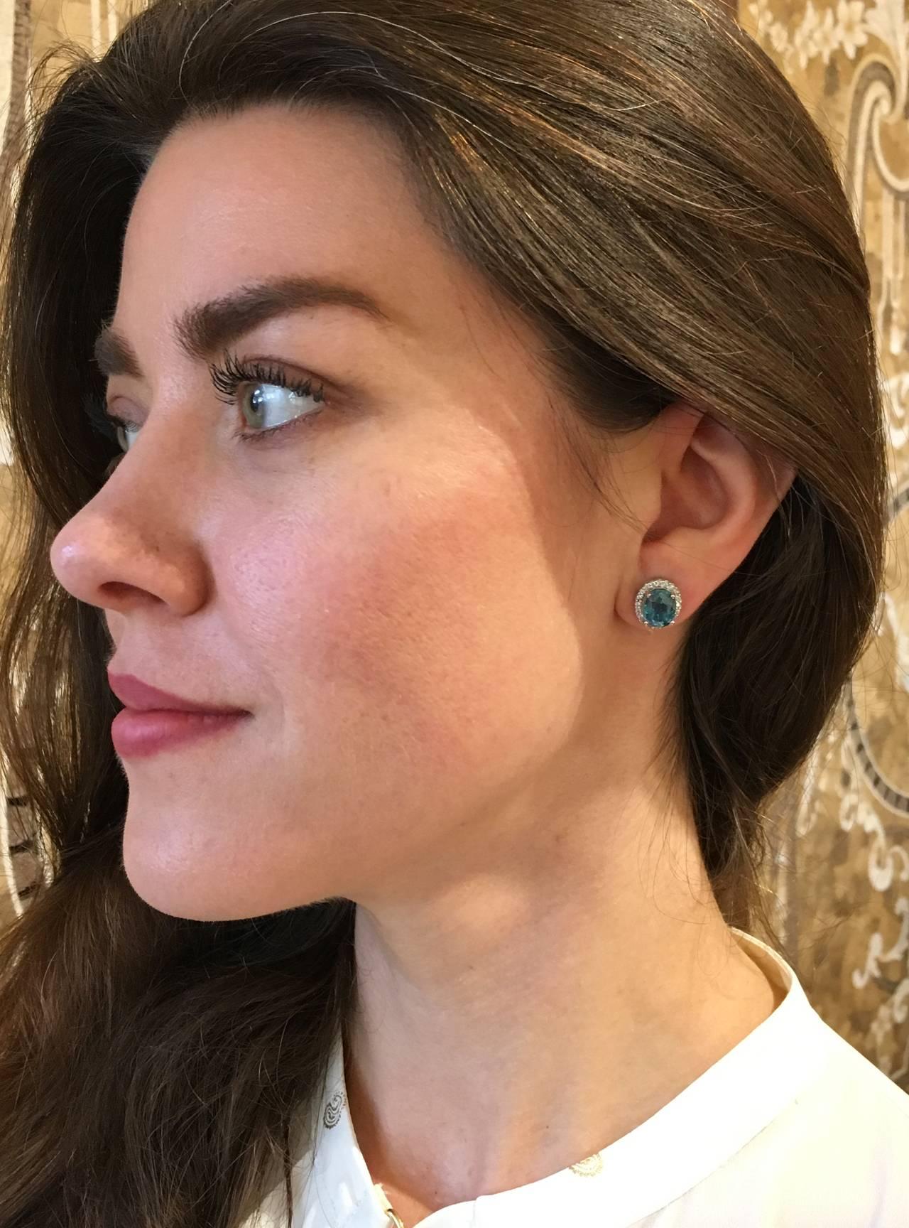 Brilliant Cut Natural Blue Zircon and Diamond Stud Earrings