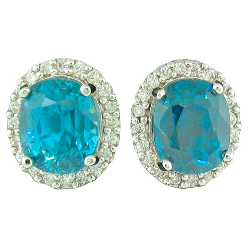 Natural Blue Zircon and Diamond Stud Earrings