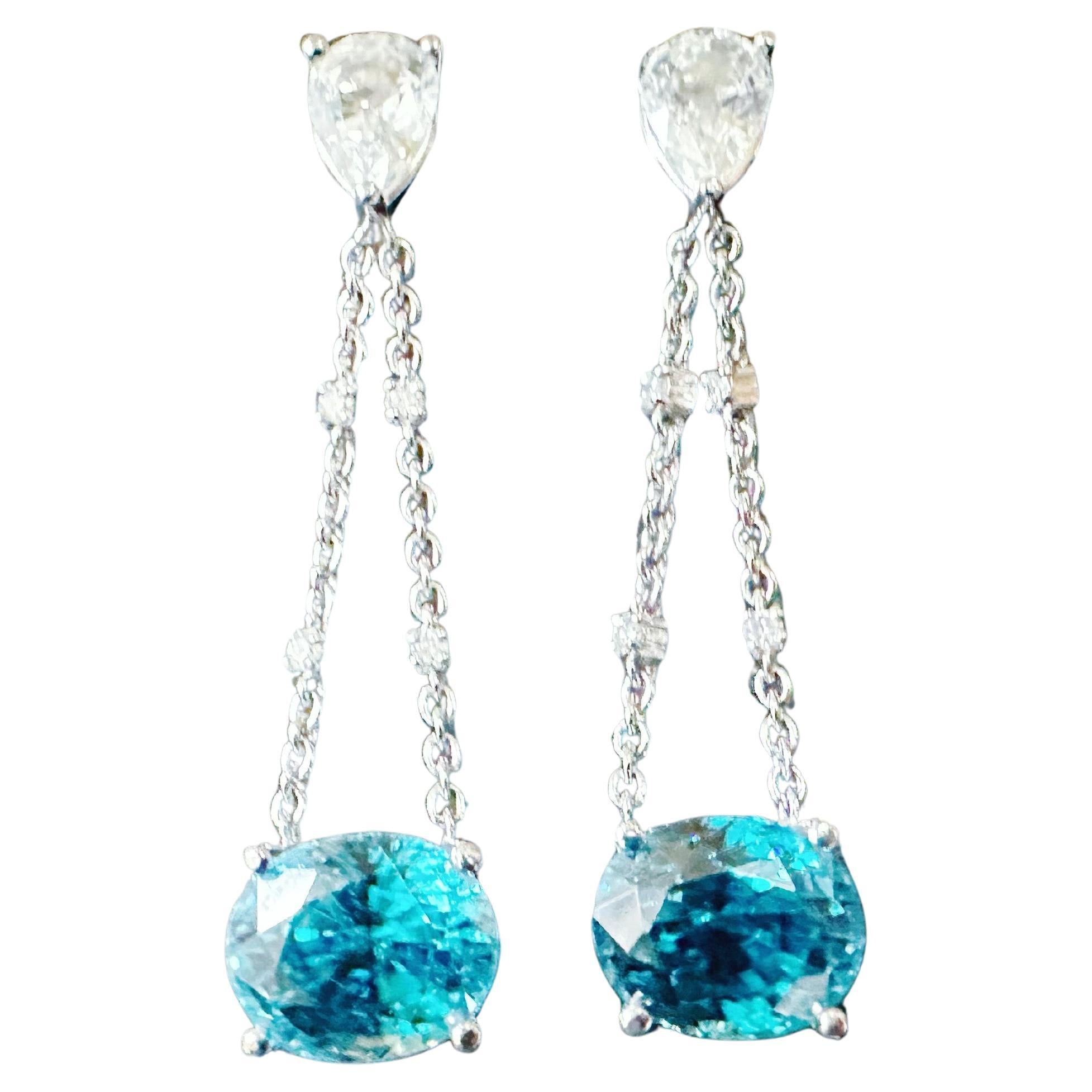 Natural Blue Zircon and White Sapphire Drop Earrings in 18K White Gold Diamond