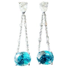 Natural Blue Zircon and White Sapphire Drop Earrings in 18K White Gold Diamond