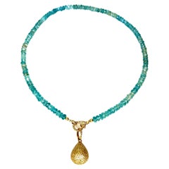 Natural Blue Zircon Beaded Necklace with 18 Karat and Diamond Drop Pendant