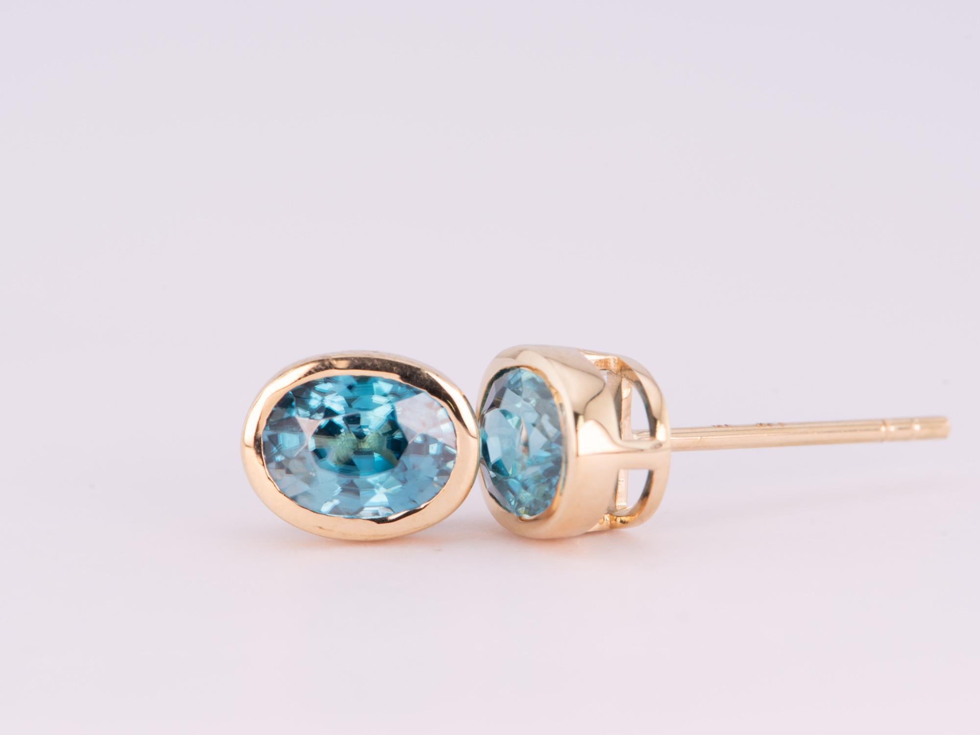 Natural Blue Zircon Bezel Set Ear Studs 14K Gold Rainbow Collection In New Condition For Sale In Osprey, FL