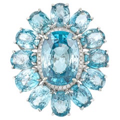 Natural Blue Zircon Cocktail Ring 30.53 Carats Diamond Halo 14K White Gold