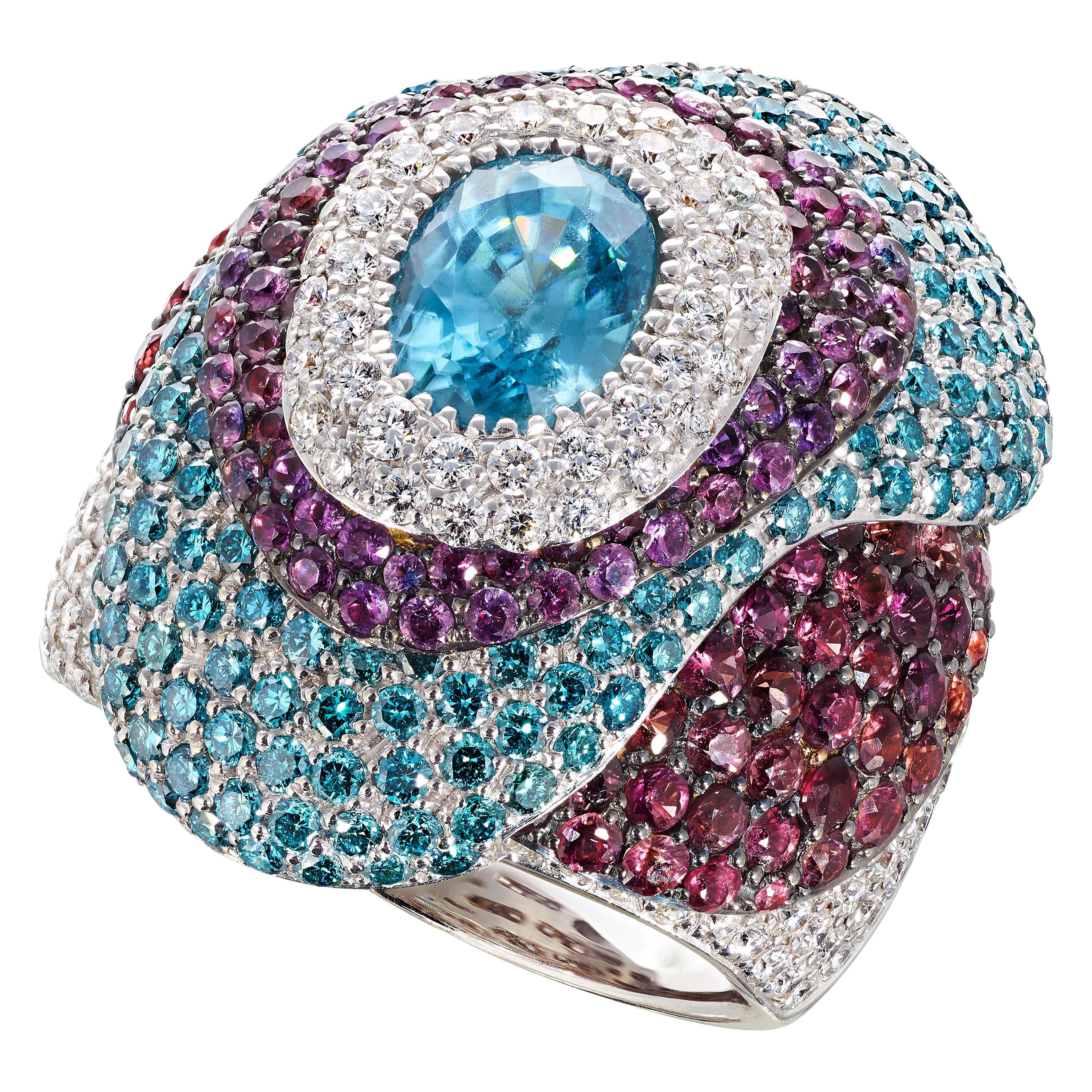Rosior Natural Blue Zircon, Diamond and Sapphire White Gold Cocktail Ring