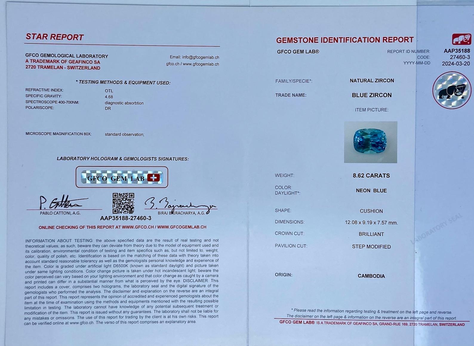 Zircone blu naturale dalla Cambogia 8,62 carati! Taglio a cuscino, Certificato GFCO! In condizioni Nuovo in vendita a Daugavpils, LV