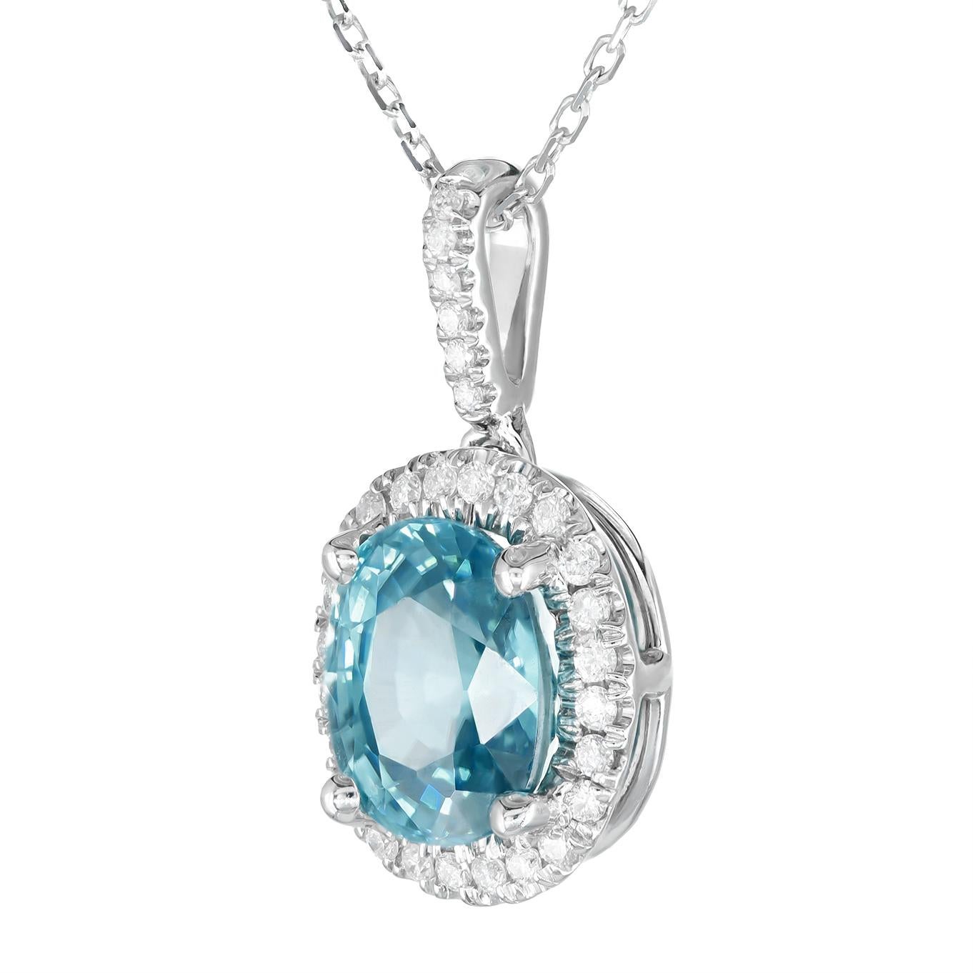 Mixed Cut Natural Blue Zircon Gemstone 3.30 cts in 14K White Gold Pendant with Diamonds