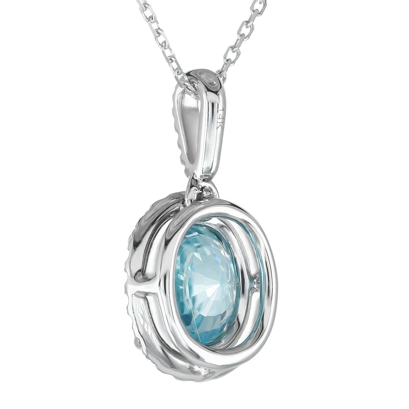 Natural Blue Zircon Gemstone 3.30 cts in 14K White Gold Pendant with Diamonds In New Condition In Los Angeles, CA