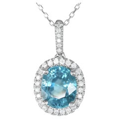 Natural Blue Zircon Gemstone 3.30 cts in 14K White Gold Pendant with Diamonds