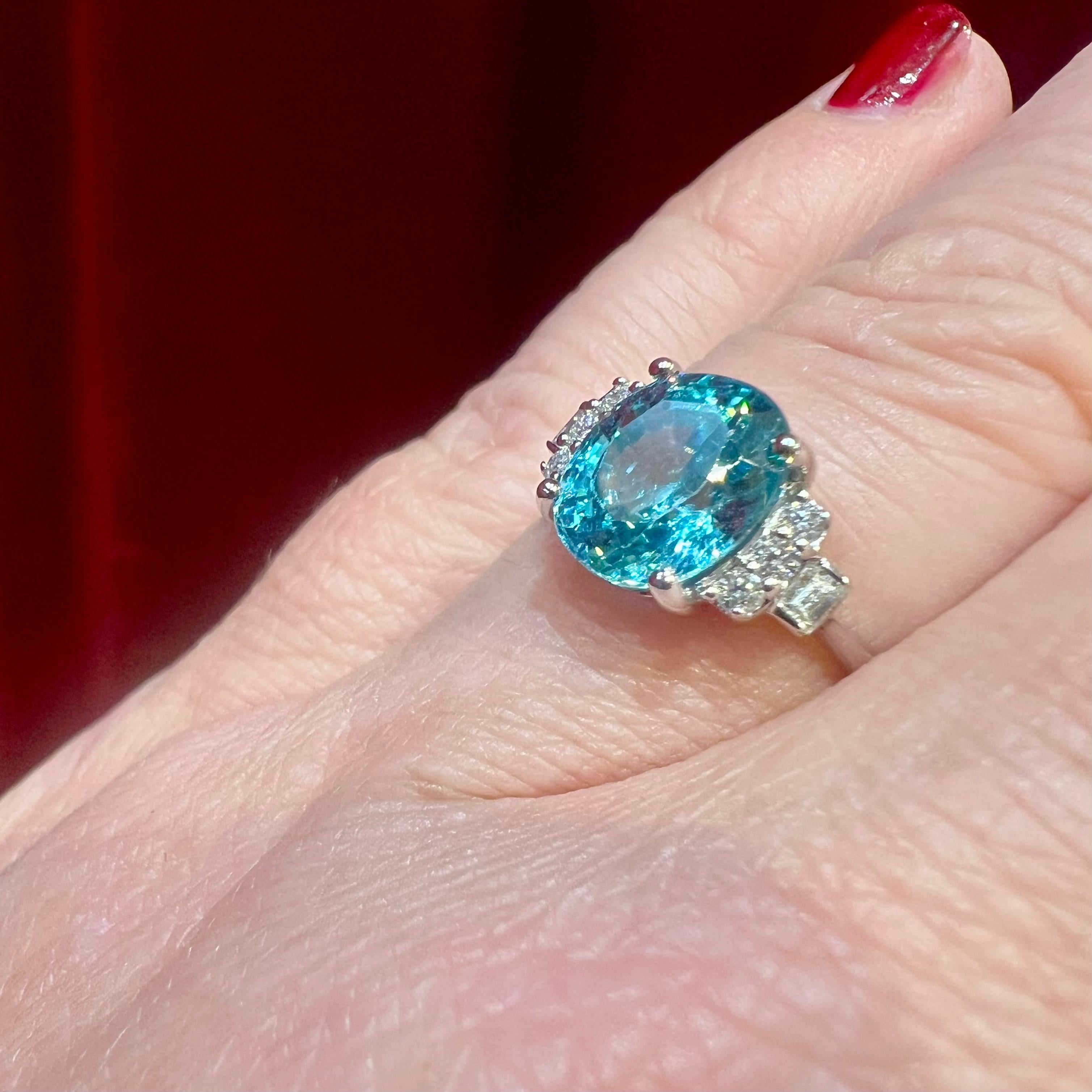 Natural Blue Zircon Ring, Diamonds, 18 Carat White Gold For Sale 4