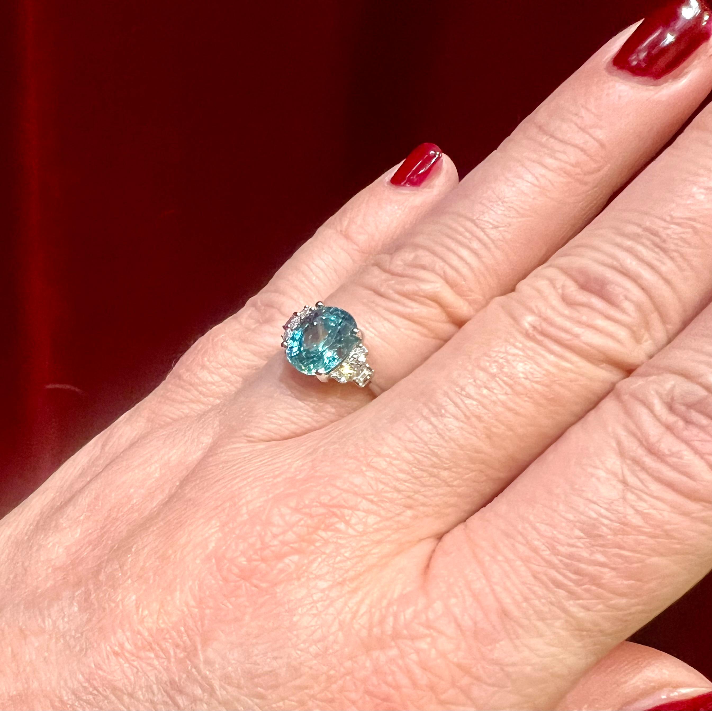 Natural Blue Zircon Ring, Diamonds, 18 Carat White Gold For Sale 5