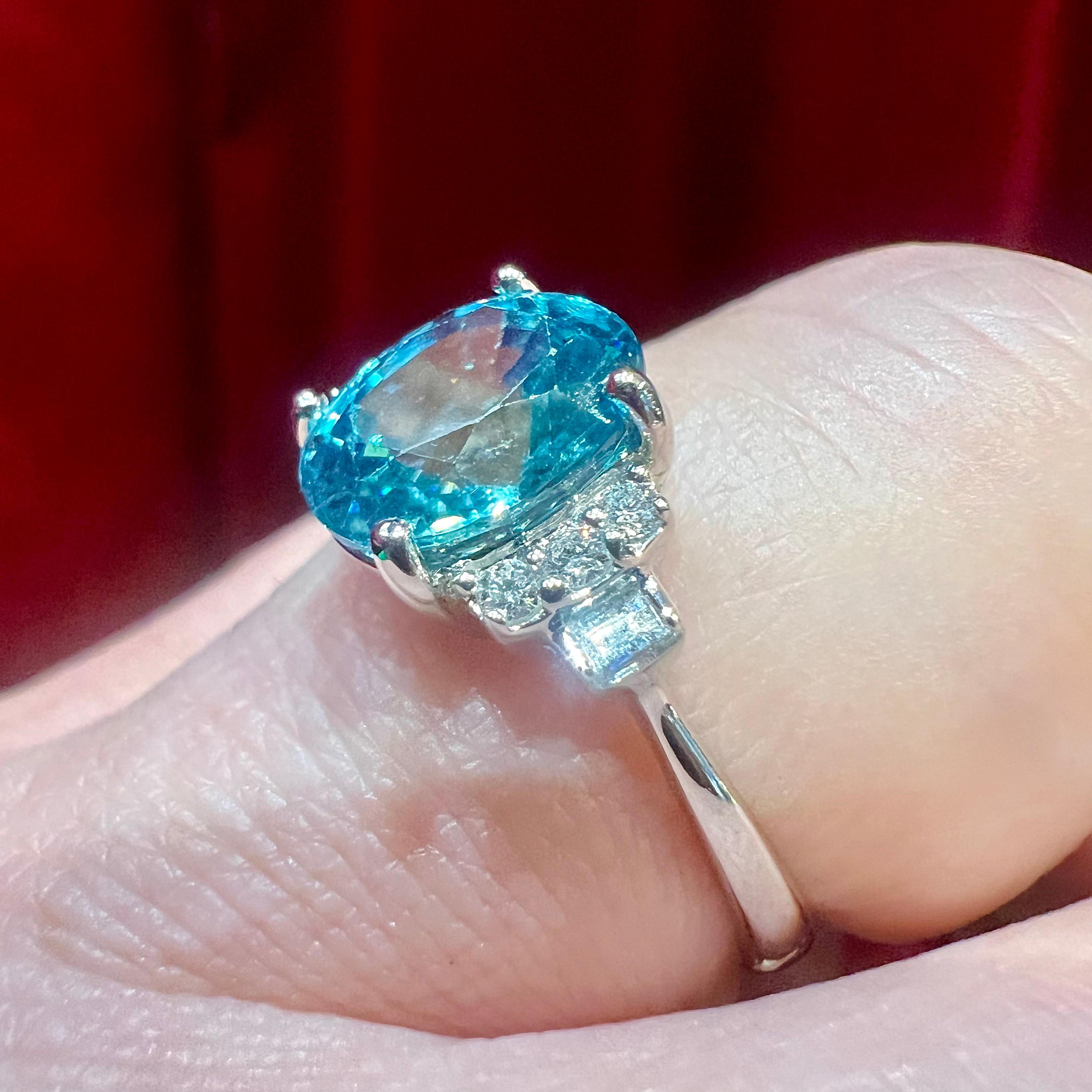 Natural Blue Zircon Ring, Diamonds, 18 Carat White Gold For Sale 7
