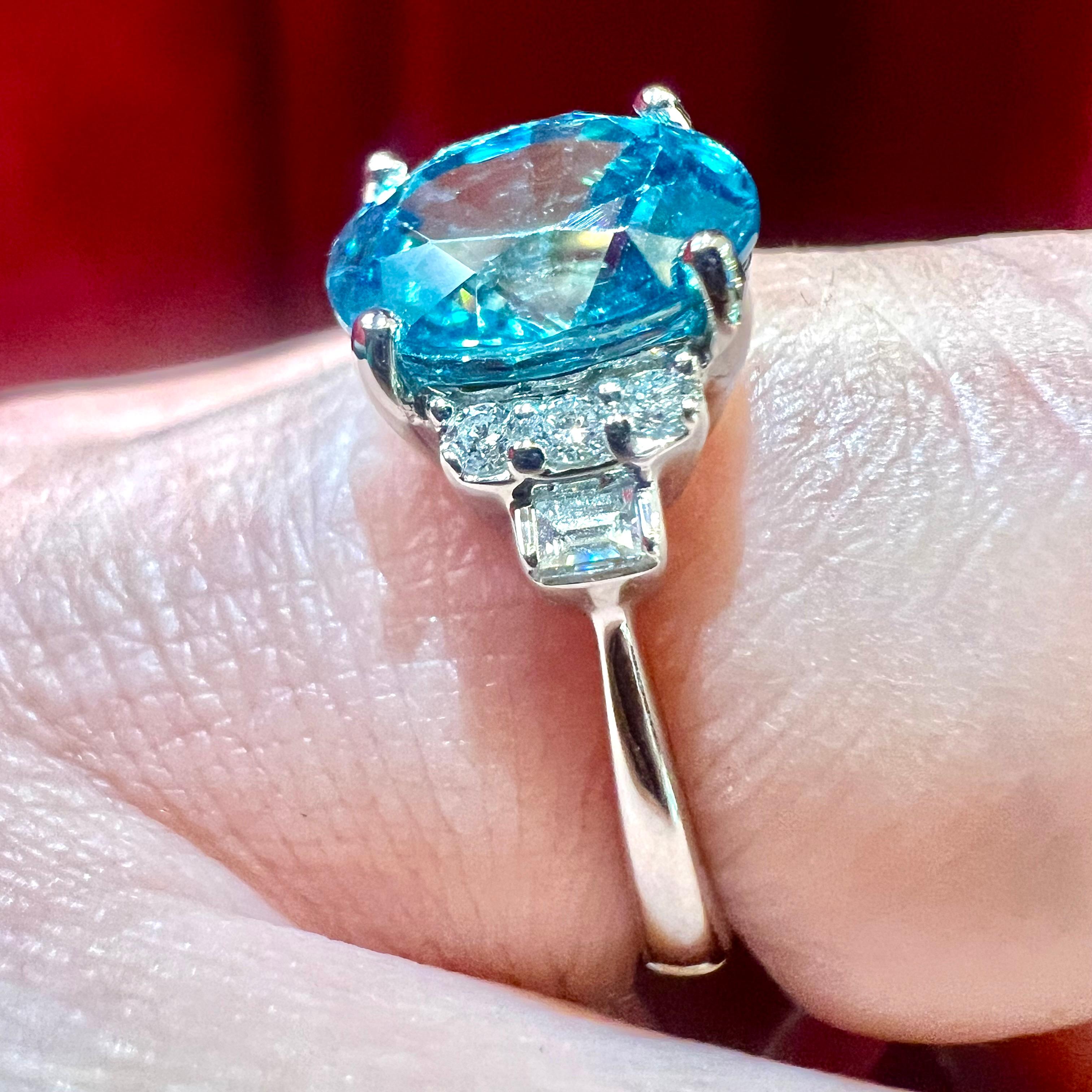Natural Blue Zircon Ring, Diamonds, 18 Carat White Gold For Sale 8