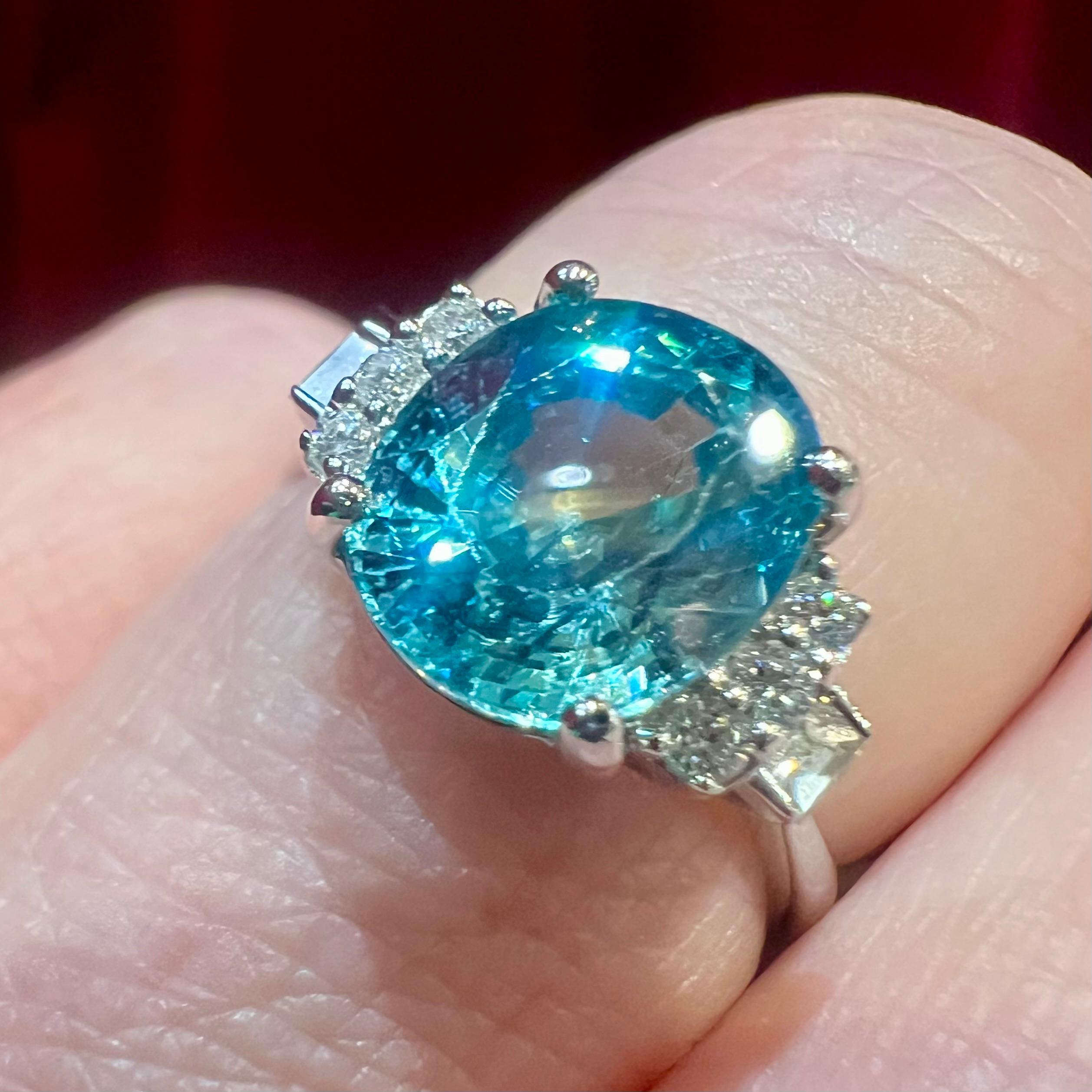 Natural Blue Zircon Ring, Diamonds, 18 Carat White Gold For Sale 9