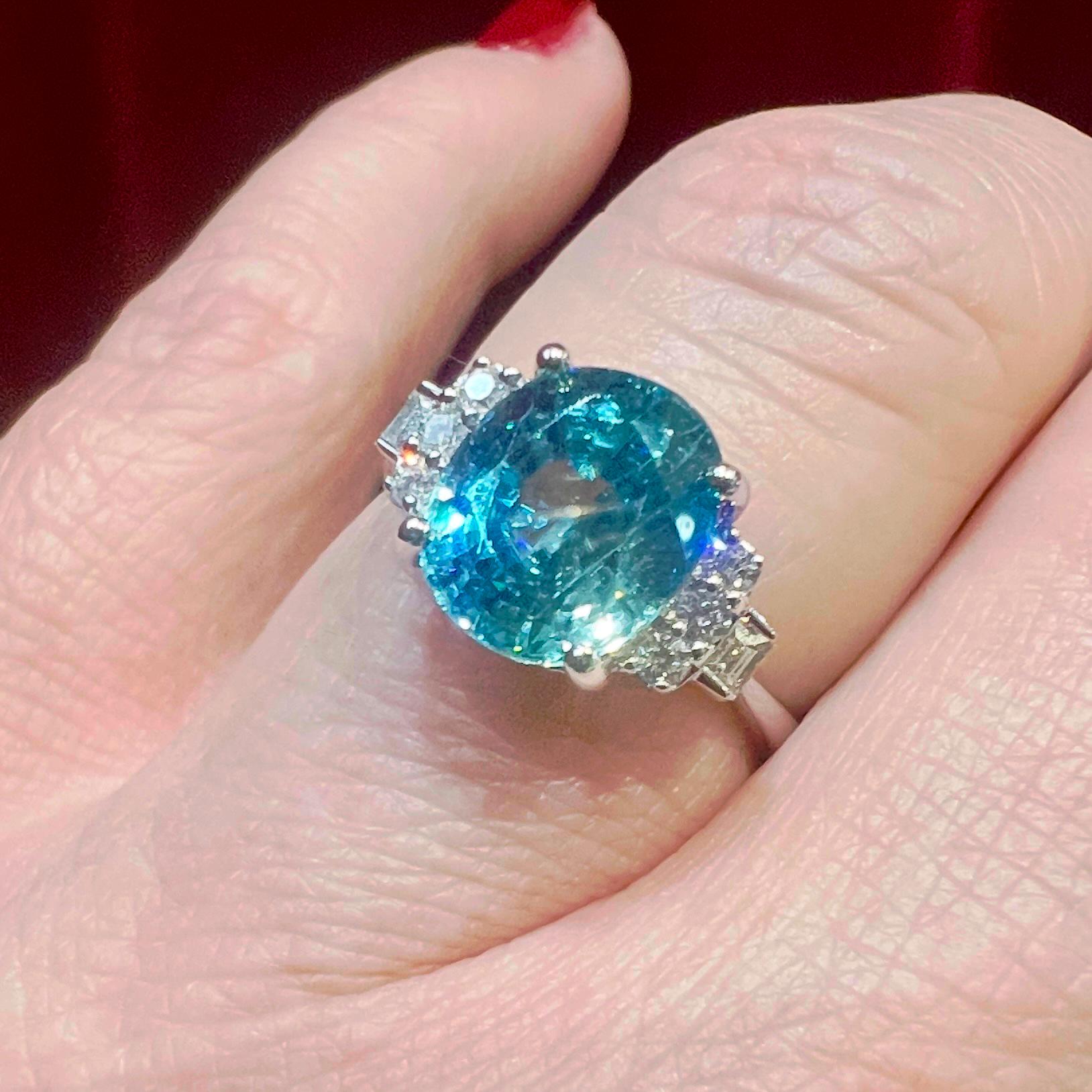 Natural Blue Zircon Ring, Diamonds, 18 Carat White Gold For Sale 11