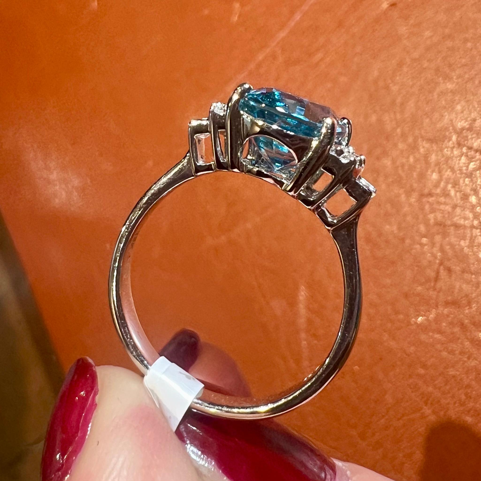 Natural Blue Zircon Ring, Diamonds, 18 Carat White Gold For Sale 12
