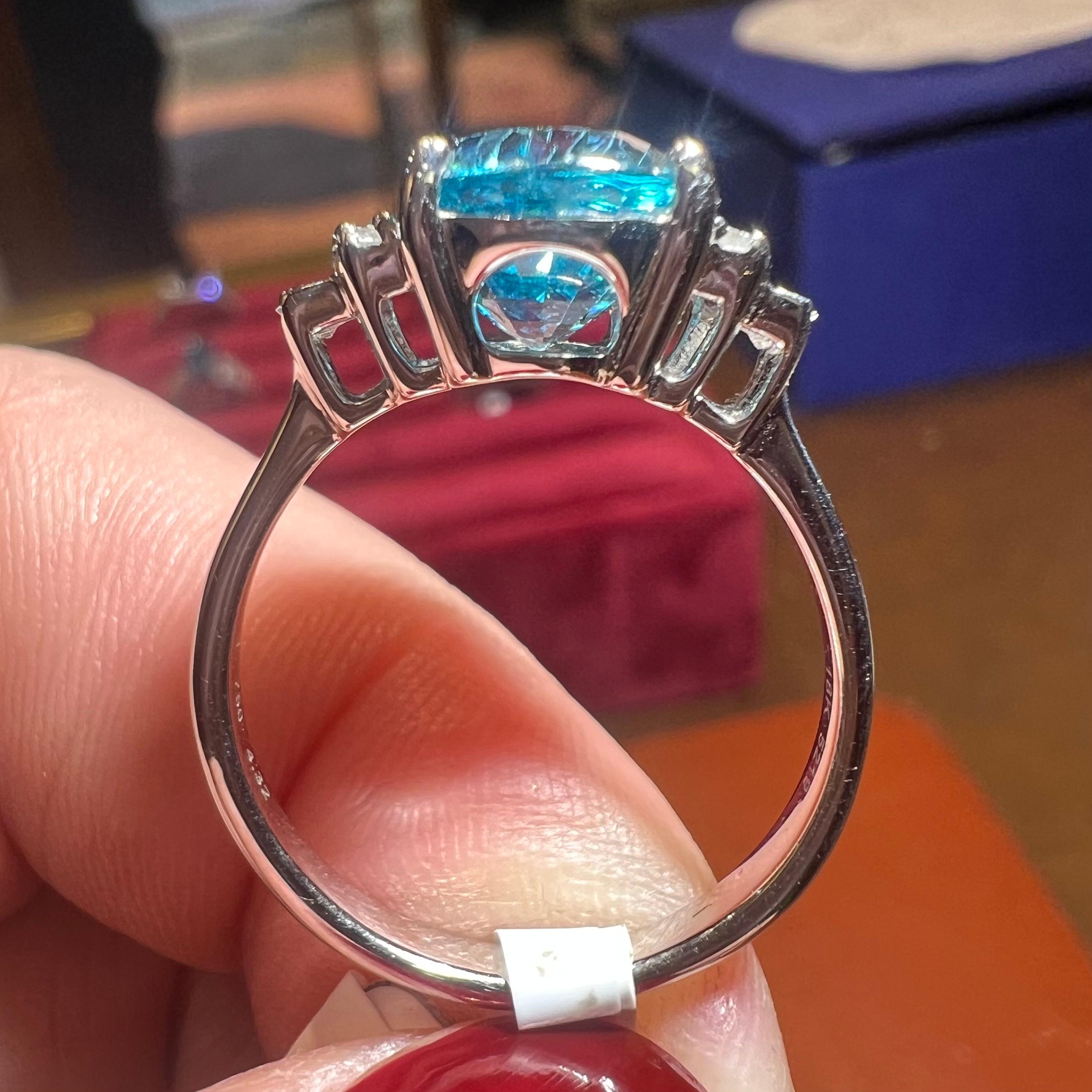 Natural Blue Zircon Ring, Diamonds, 18 Carat White Gold For Sale 14