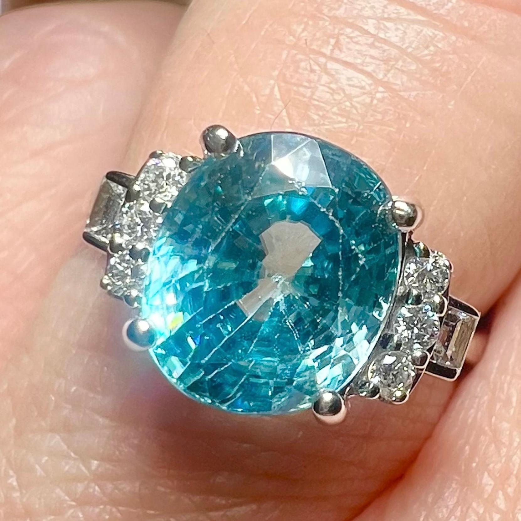 Art Deco Natural Blue Zircon Ring, Diamonds, 18 Carat White Gold For Sale