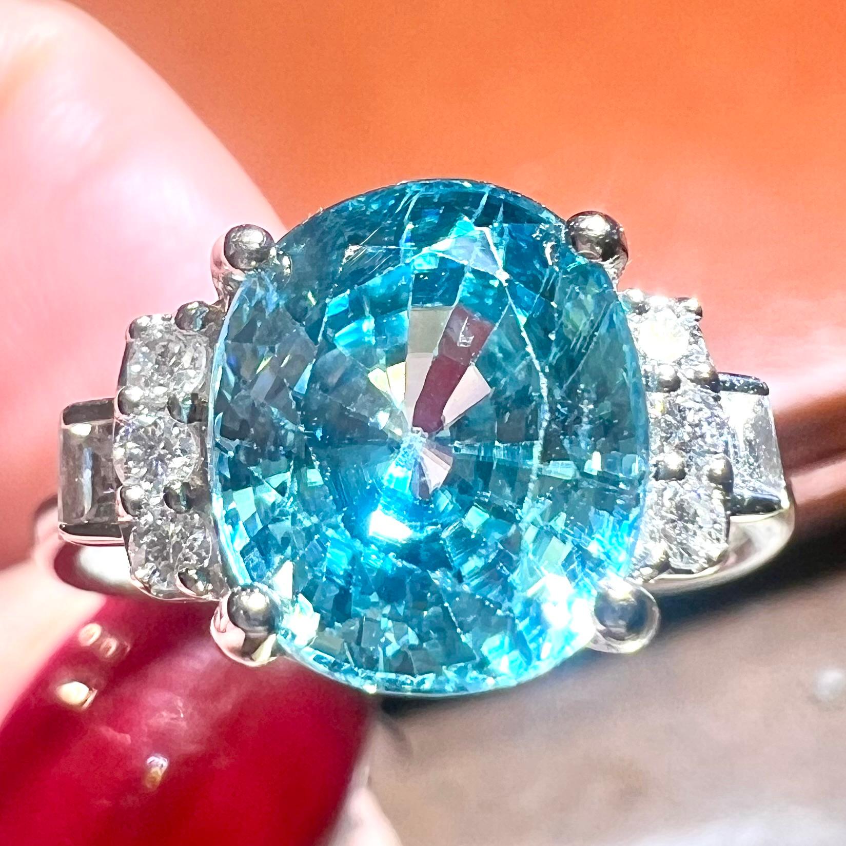 Women's Natural Blue Zircon Ring, Diamonds, 18 Carat White Gold For Sale