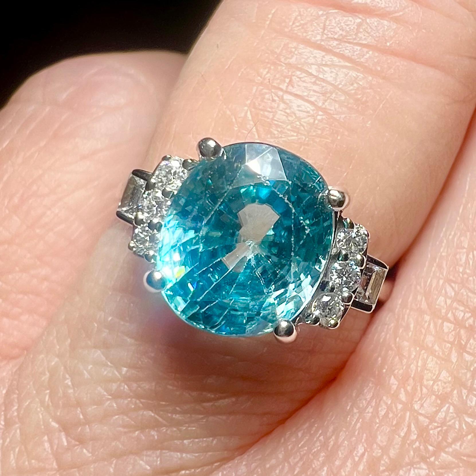 Natural Blue Zircon Ring, Diamonds, 18 Carat White Gold For Sale 2