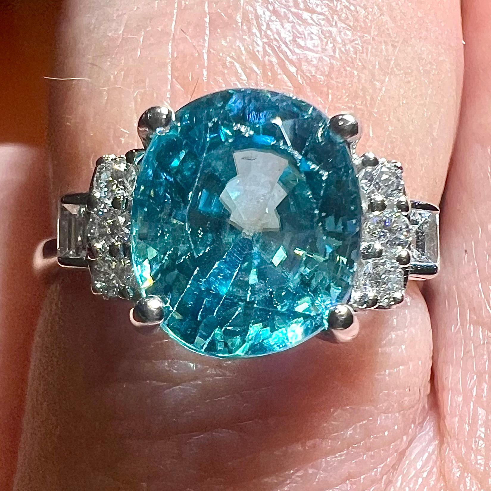 Natural Blue Zircon Ring, Diamonds, 18 Carat White Gold For Sale 3