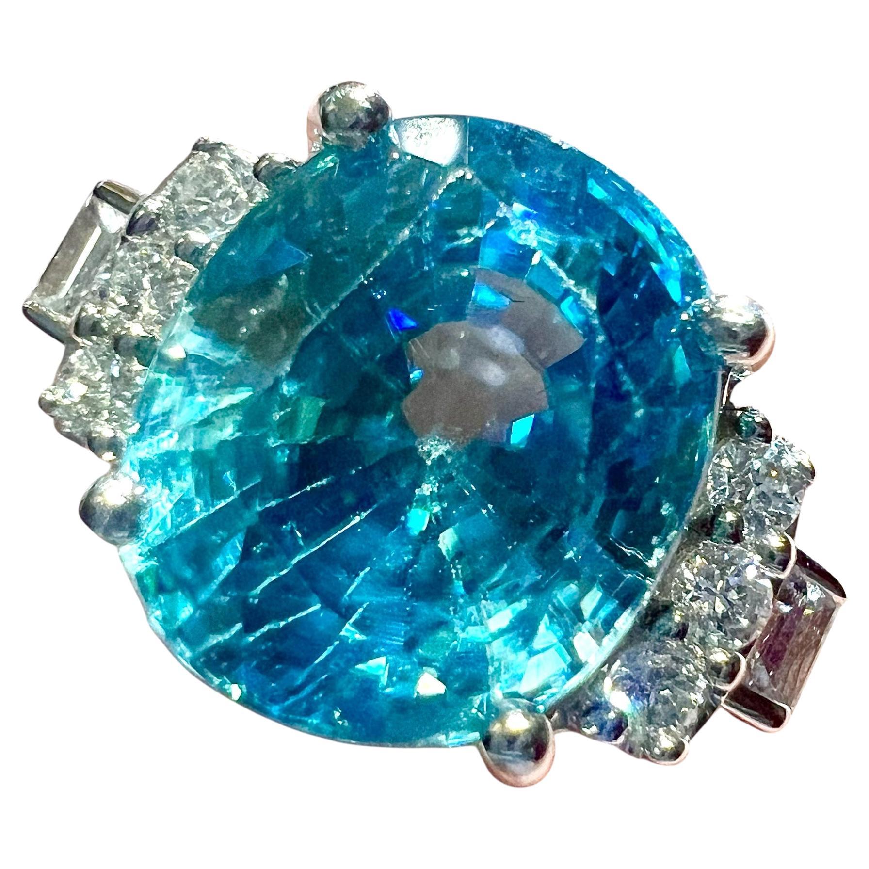 Natural Blue Zircon Ring, Diamonds, 18 Carat White Gold