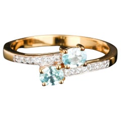 Natural Blue Zircon Ring With White Topaz 1.24 Carats Gold Plated Silver