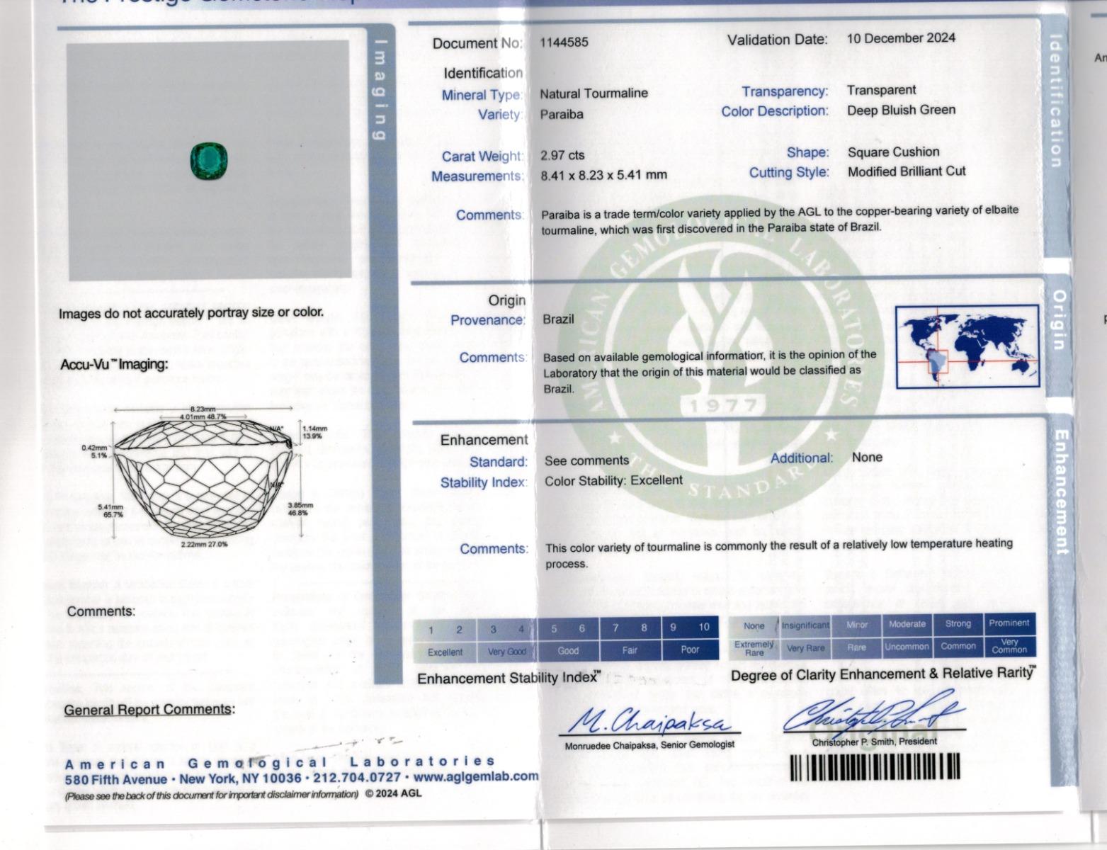 Brilliant Cut Natural Bluish Green Brazilian Paraiba Tourmaline Stone 2.97 carats / AGL Report For Sale