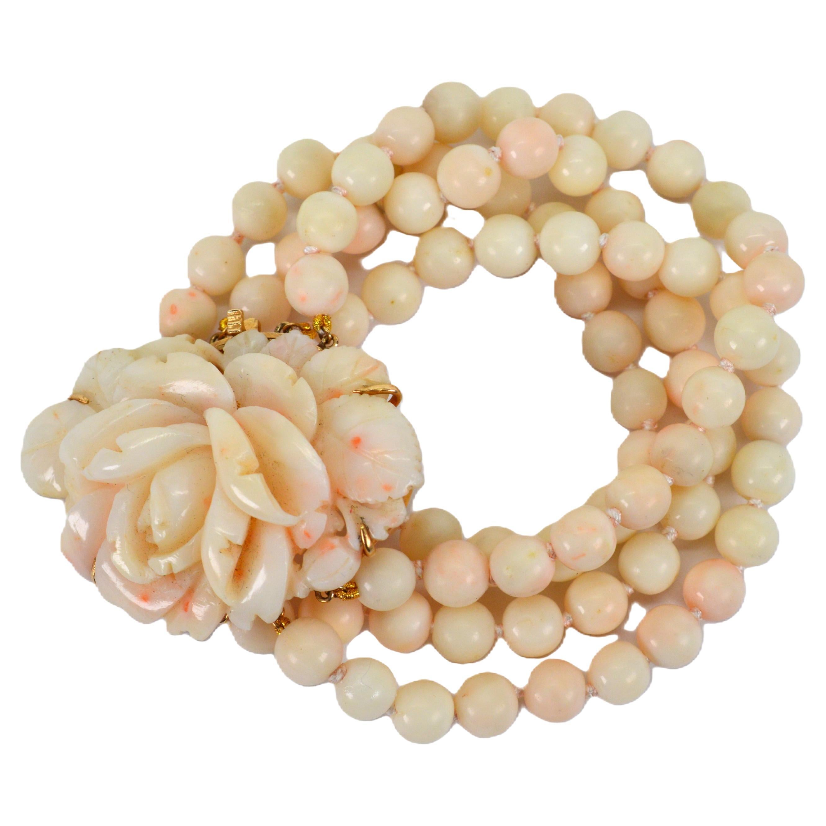Natural Blush Coral Bead Bracelet w Carved Rose Bud 14 Karat Yellow Gold Clasp