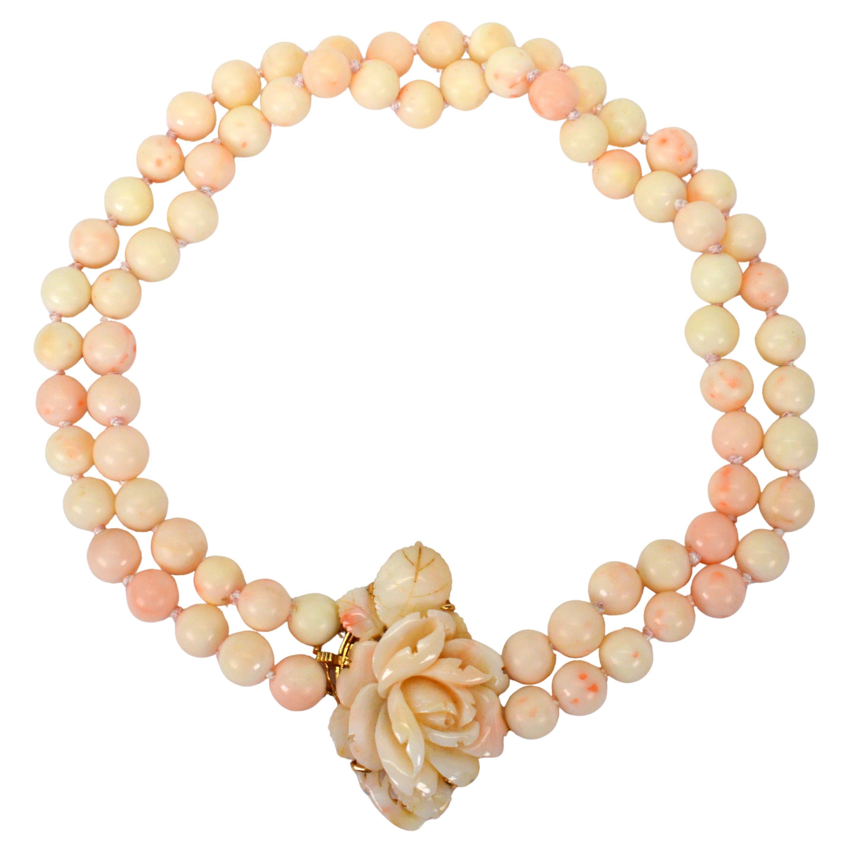 Natural Blush Coral Bead Necklace w Carved Rose Bud 14 Karat Yellow Gold Clasp For Sale