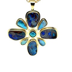 Natural Boulder Opal and Indicolite Tourmaline Pendant in Yellow Gold, 63 Carats