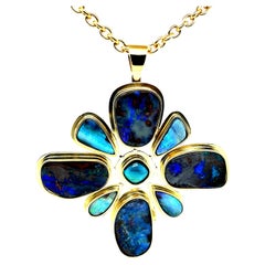 Natural Boulder Opal and Indicolite Tourmaline Pendant in Yellow Gold, 63 Carats